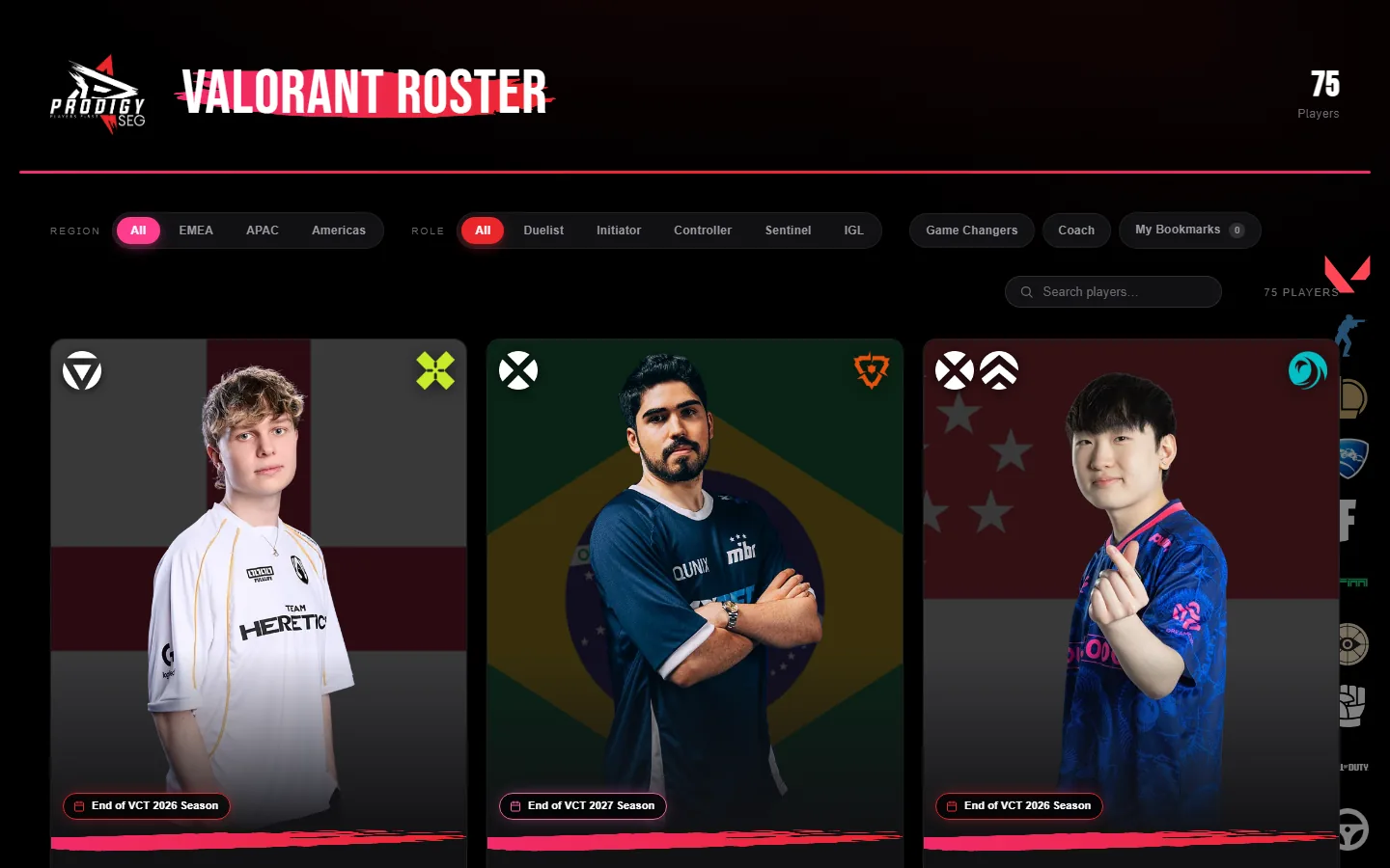 Valorant roster with region and role filters